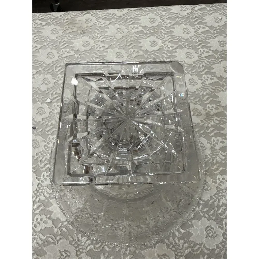Vintage Imperlux Lead Crystal Queens Lace Cut Compote Bowl Square Base Pedestal